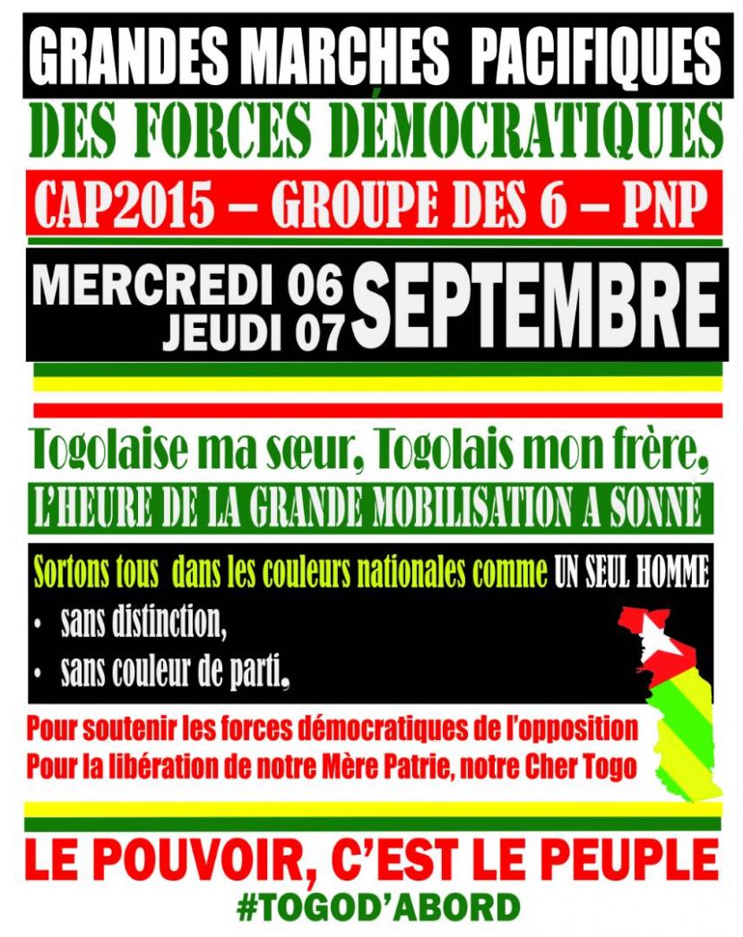 TOGO: Un appel aux Togolais à sortir massivement les 6 et 7 septembre prochains dans les rues, aux côtés du CAP2015, du Groupe des six et du PNP