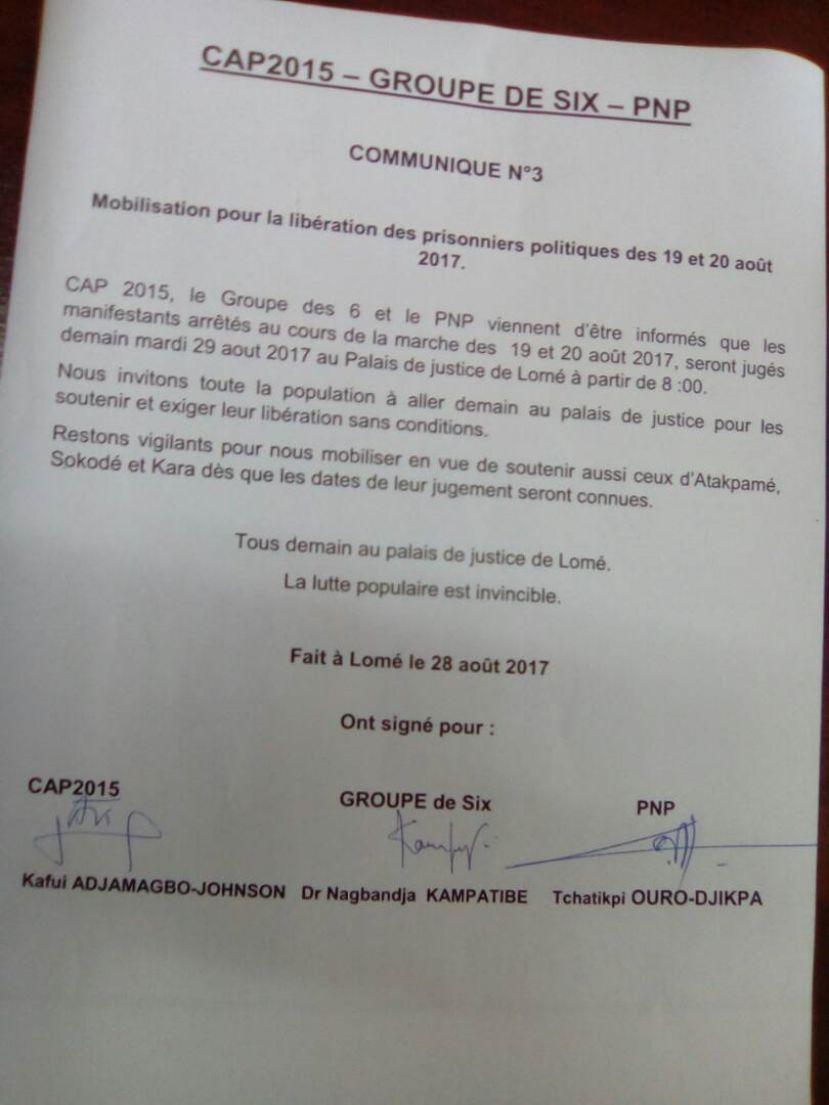 Communique # 3 : CAP2015 - Groupe de Six - PNP
