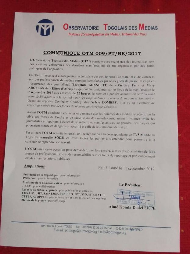 Observatoire Togolais des Medias:  Communique OTM 009/PT/BE/2017
