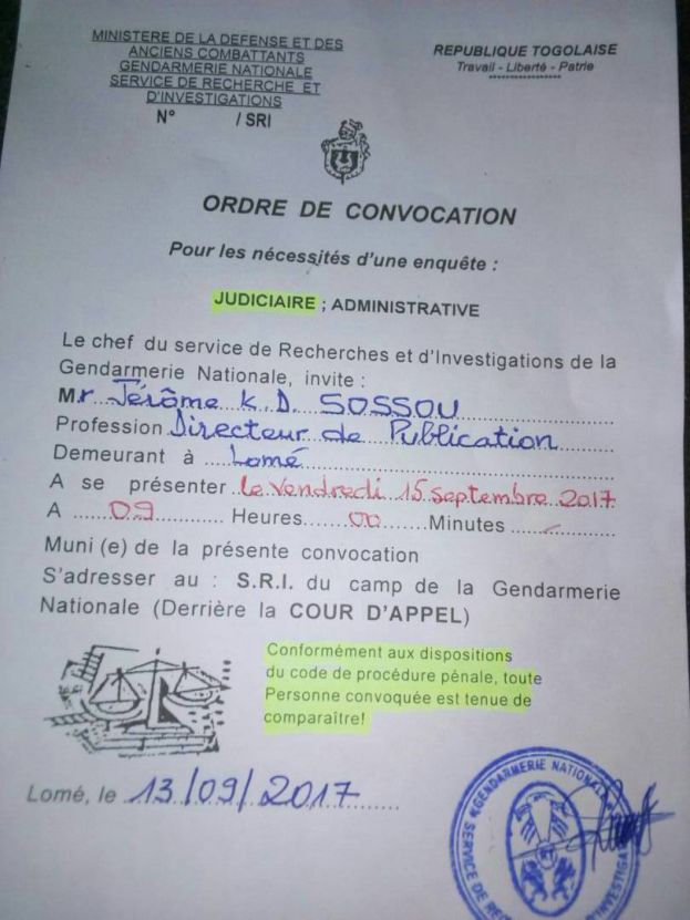 Togo: Ordre De Convocation au S.R.I du camp de la Gendarmerie Nationale Jerome K.D. Sossou